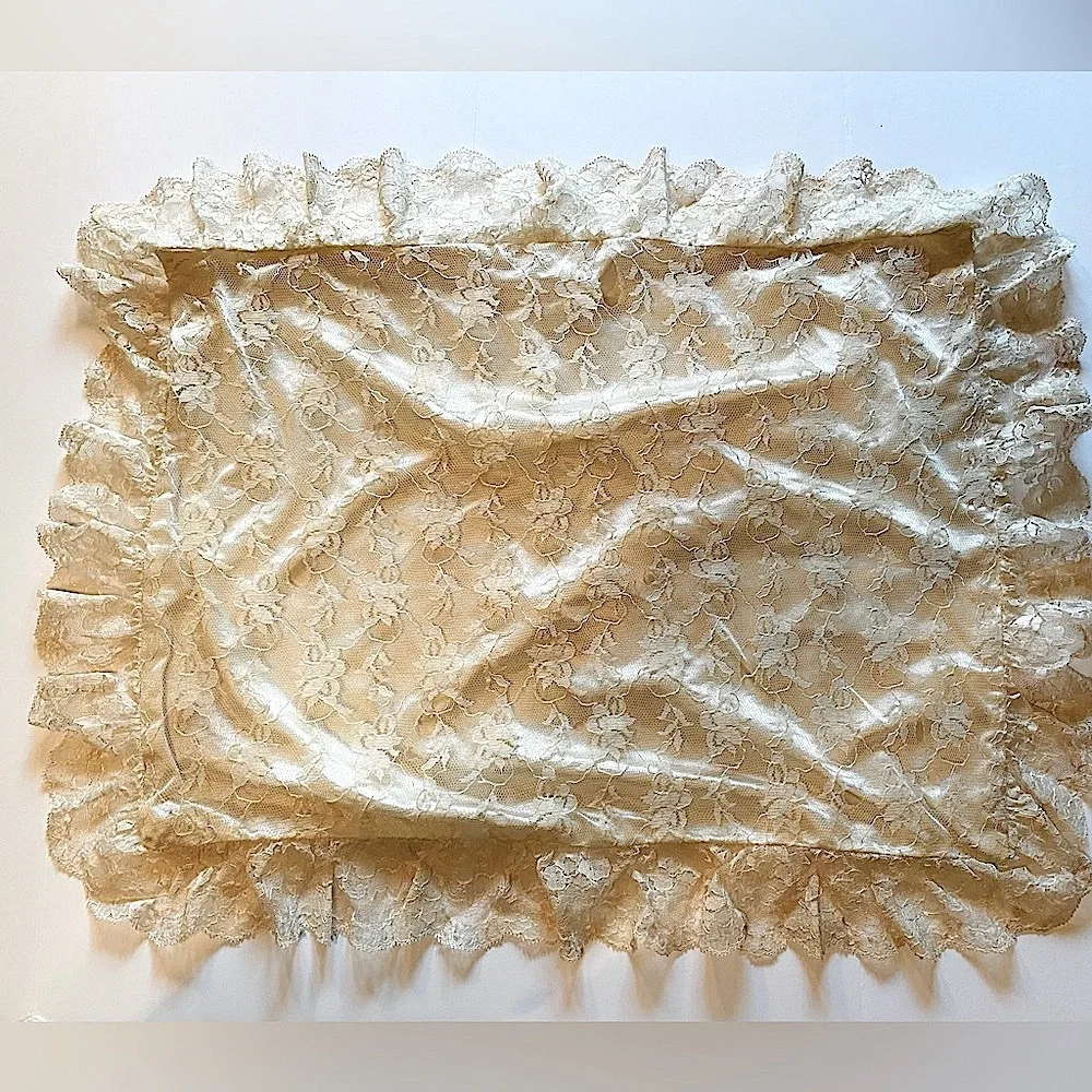Antique Vintage Cream Satin and Lace Ruffled Full/Queen Size Pillow Case